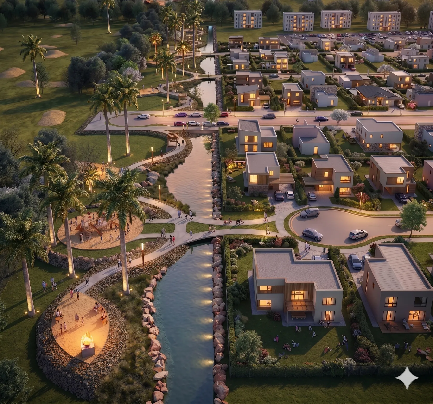 A praça central — render real do projeto